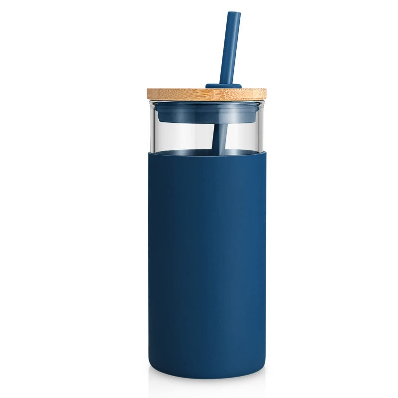 Tronco 20 oz Glass Tumbler with Lid and Straw, Iced Coffee Cup and Smoothie Cup with Bamboo Lids & Protective Silicone Sleeve, Dishwasher Safe, BPA-Free, Glass Cup 1 Pack - Image 1
